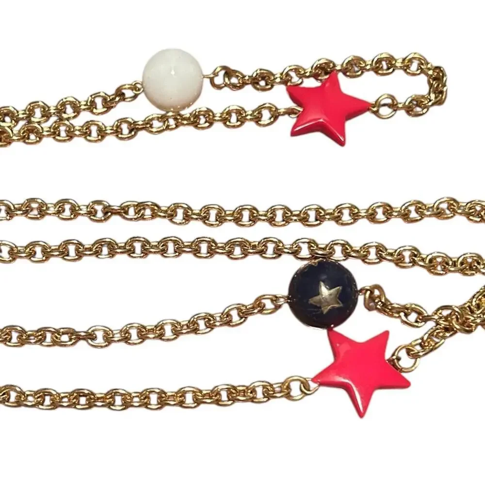 1970s Americana Star Red White Blue Statement Necklace 34” Patriotic Chain